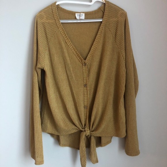 V-neck Button down tie Knit Long Sleeve top - Picture 1 of 5